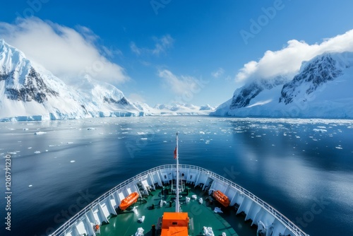 Cruise ship navigating icy waters of antarctica on sunny day photo