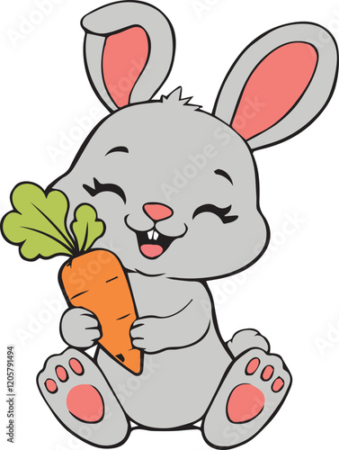 A gray bunny happily eating a carrot 