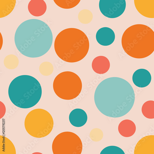 A playful, retro-inspired pattern featuring large, colorful dots in a random but balanced arrangement, with colors like turquoise, coral, and yellow on a pale pink background