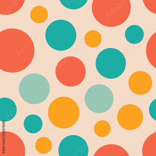 A playful, retro-inspired pattern featuring large, colorful dots in a random but balanced arrangement, with colors like turquoise, coral, and yellow on a pale pink background