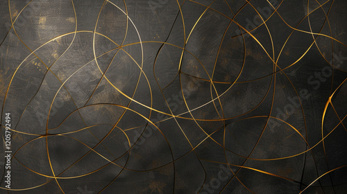 A minimalist abstract design with interwoven gold threads on a charcoal black background.
