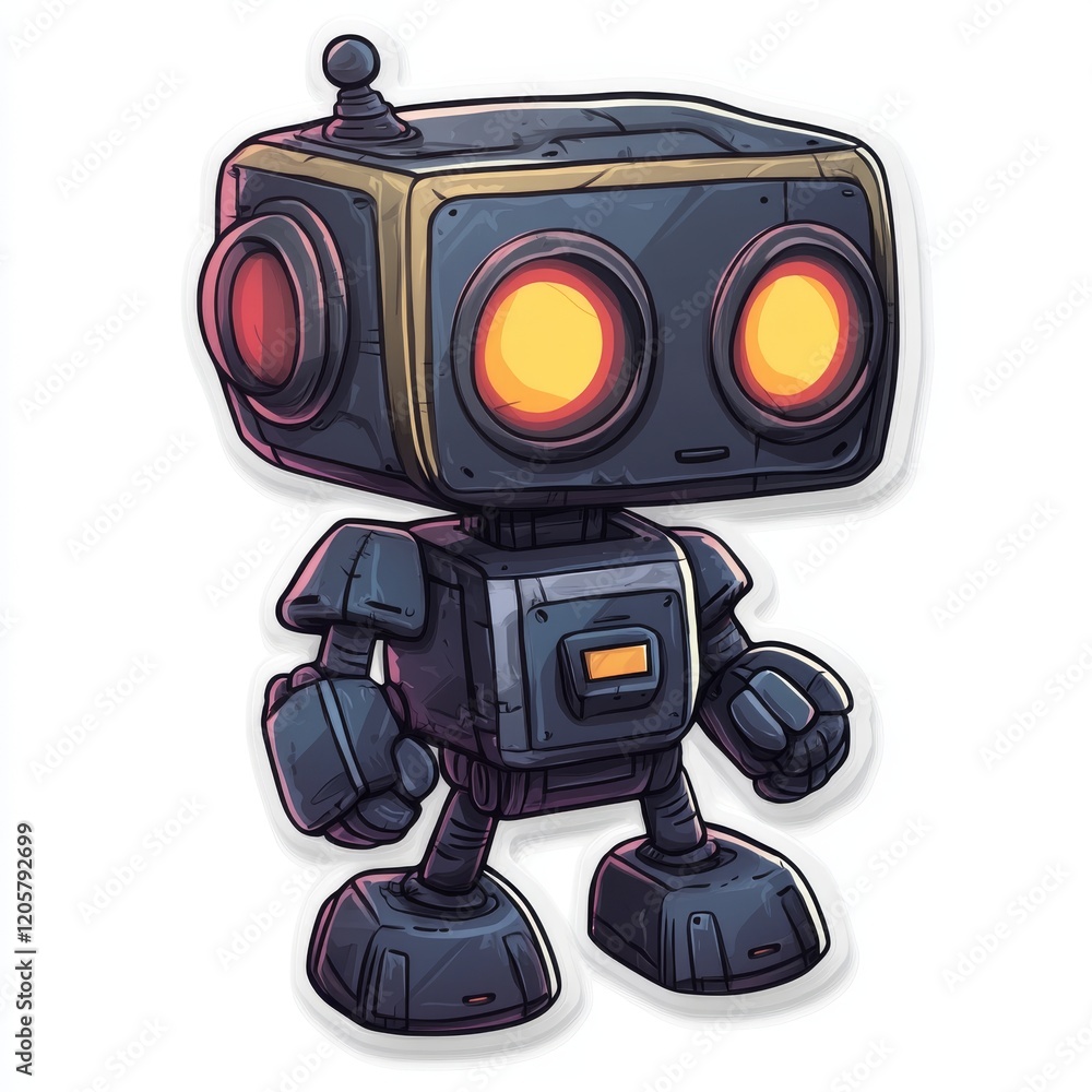 Fototapeta premium Cartoon Robot Character with Glowing Eyes and Antenna on Isolated White Background