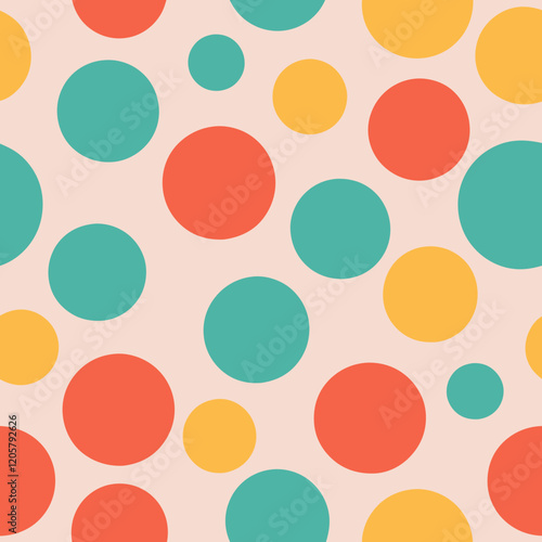 A playful, retro-inspired pattern featuring large, colorful dots in a random but balanced arrangement, with colors like turquoise, coral, and yellow on a pale pink background