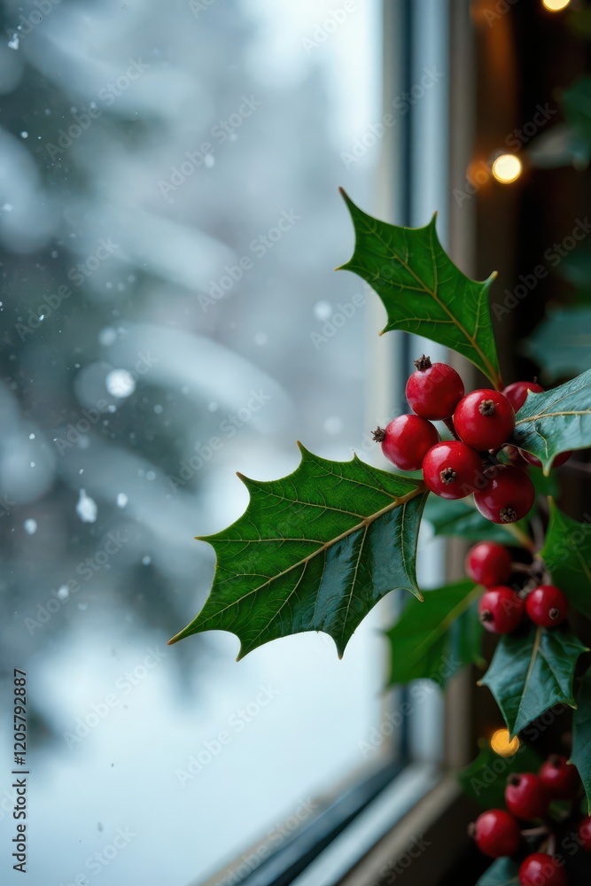 Sprig of Christmas holly with bright red berries on a frosted windowpane, holiday decoration, berries, winter wonderland Sprig of Christmas holly with bright red berries on a frosted windowpane, holiday decoration, berries, winter wonderland