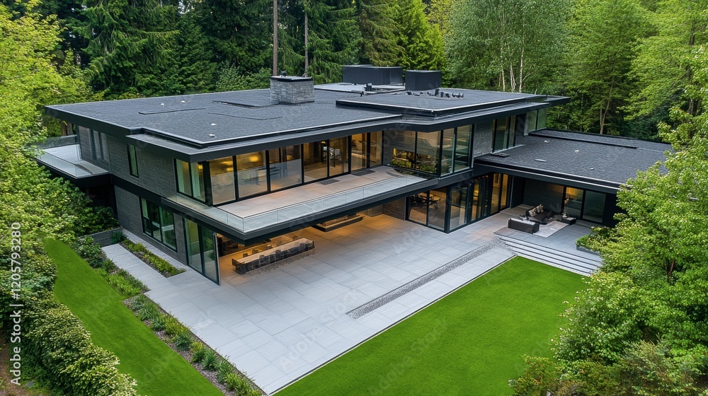 A modernist home with a flat roof and seamless indoor-outdoor living spaces A modernist home with a flat roof and seamless indoor-outdoor living spaces