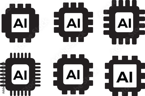 Circuit board of computer or Ai chip icon vector silhouette set