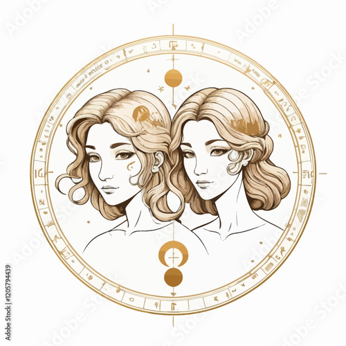 Gemini zodiac sign logo, Wheel of Twelve Symbols, Horoscope and Astrology, Fortune Telling, white Background.