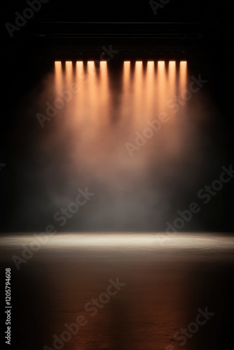 low-key lighting captures halftime show stage under neon floodlights vibrant beams cutting through smoky air