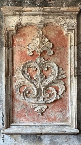 Captivating stucco wall features a weathered terracotta base adorned with a beautifully detailed white plaster design that reflects timeless artistry and rustic charm photo