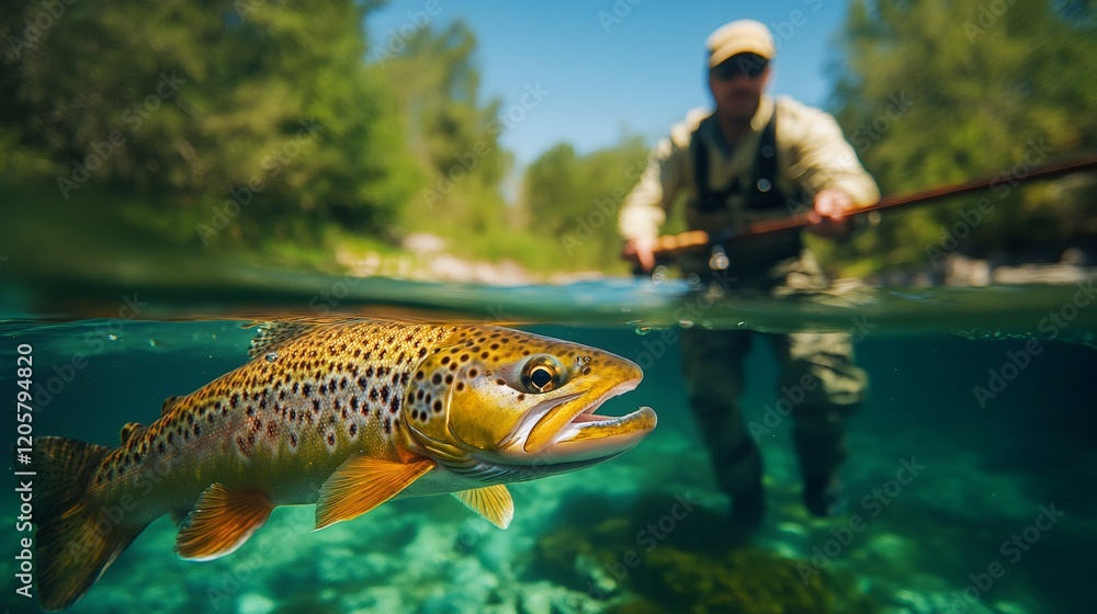 Fisherman catching brown trout in river, split view over and under water surface Fisherman catching brown trout in river, split view over and under water surface