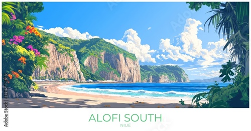 Alofi south Niue Travel Poster Flat Illustration Print Decor Gift Canvas Wall Art Gift photo