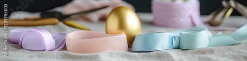 flat lay of pastel ribbon rolls and single golden egg arranged on linen cloth photo