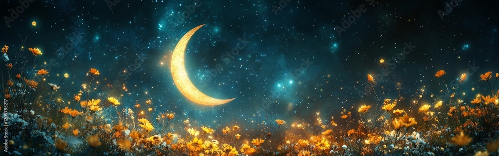 Naklejka premium A decorative crescent moon framed by golden flowers against a vibrant textured blue background. Ideal for art and decorative projects.