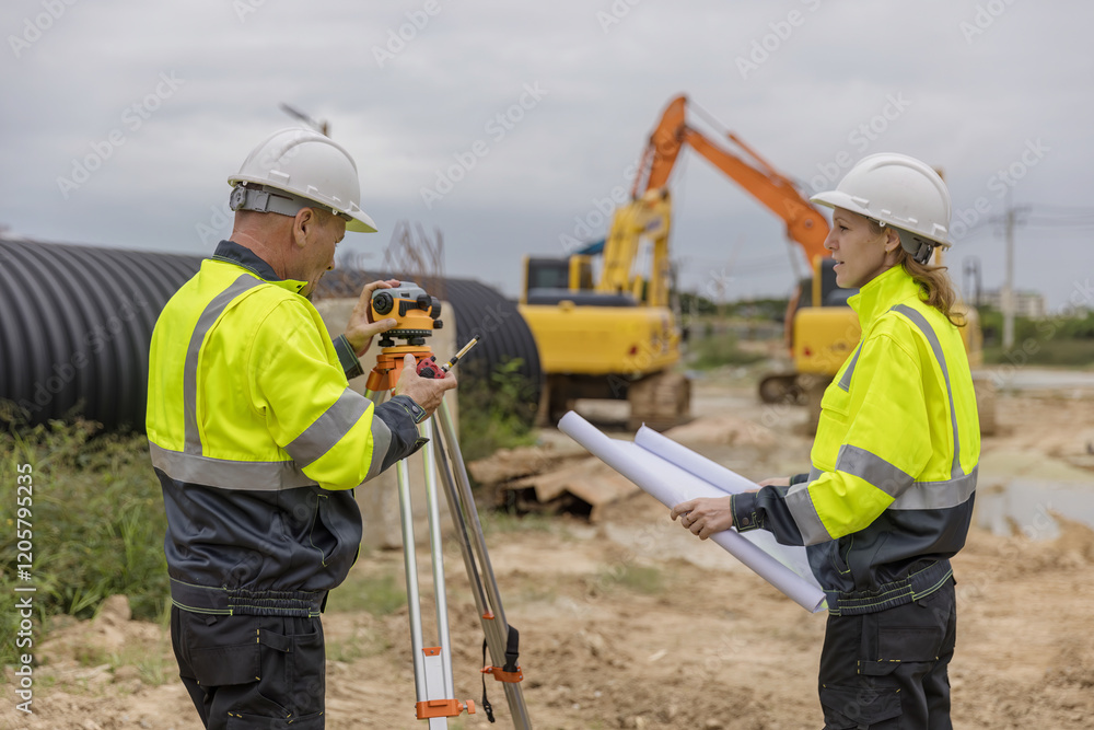 Engineer survey team checking construction project inspection work construction site .Team Civil engineer working outdoor next to the power plant. Engineer survey team checking construction project inspection work construction site .Team Civil engineer working outdoor next to the power plant.