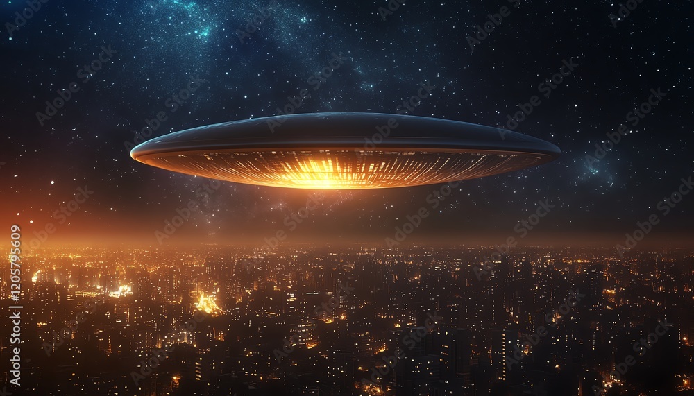A futuristic UFO hovers over a sprawling city at night, casting an eerie glow. Stars and galaxies twinkle in the vast expanse of space. A futuristic UFO hovers over a sprawling city at night, casting an eerie glow. Stars and galaxies twinkle in the vast expanse of space.