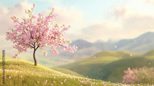 Wallpaper Mural delicate cherry blossom tree in full bloom, set against a soft-focus background of rolling hills, minimalist yet realistic illustration Torontodigital.ca
