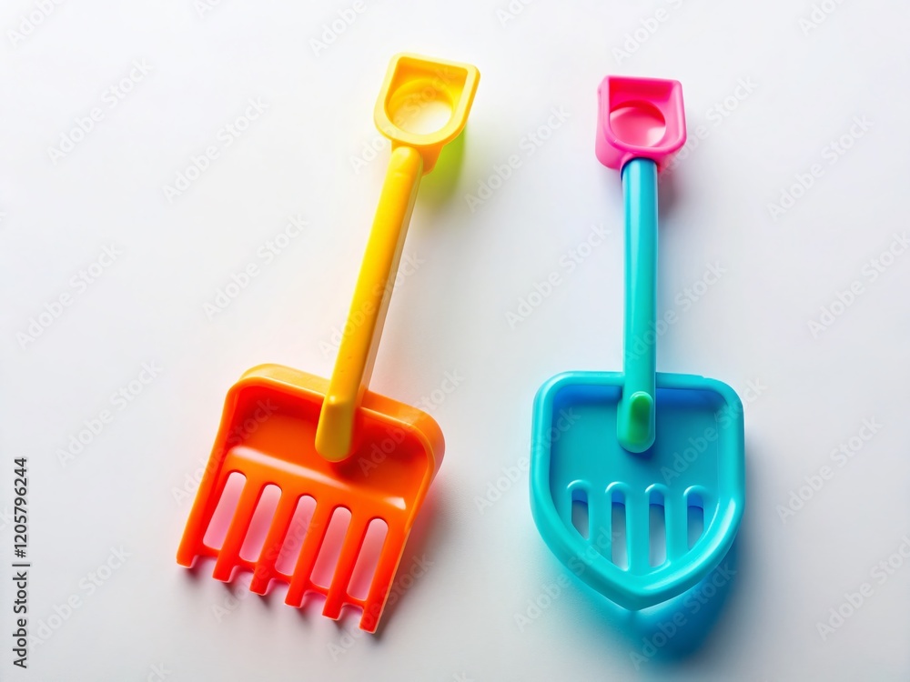 Colorful Plastic Rake & Shovel Toys Isolated on White Background - Childrens Garden Tools Playset Colorful Plastic Rake & Shovel Toys Isolated on White Background - Childrens Garden Tools Playset