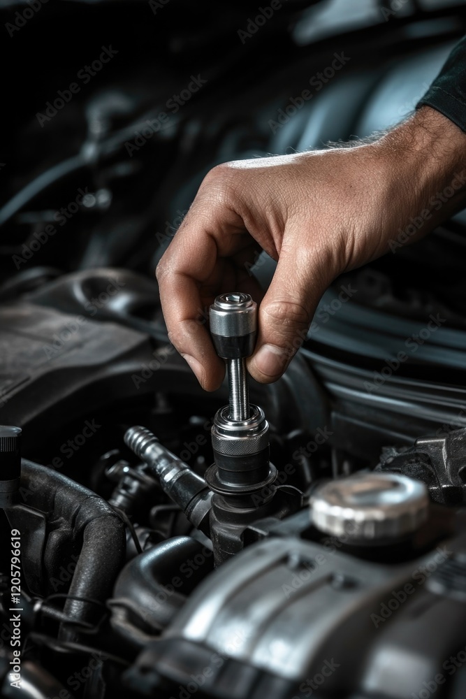 mechanic hand tightening bolt on car engine using professional toolset background softly blurred mechanic hand tightening bolt on car engine using professional toolset background softly blurred