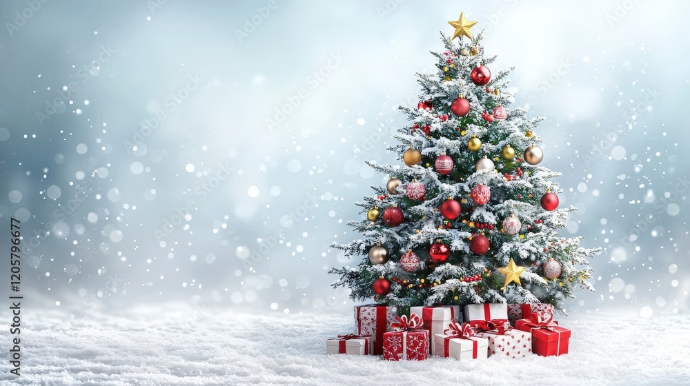 Obraz premium Festive Snow Covered Christmas Tree with Presents and Lights