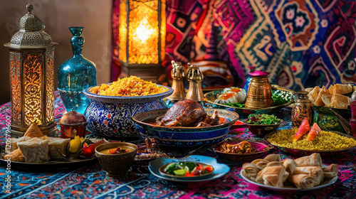 Festive Moroccan Banquet for Eid al-Adha Celebration with Roasted Meat and Traditional Dishes photo