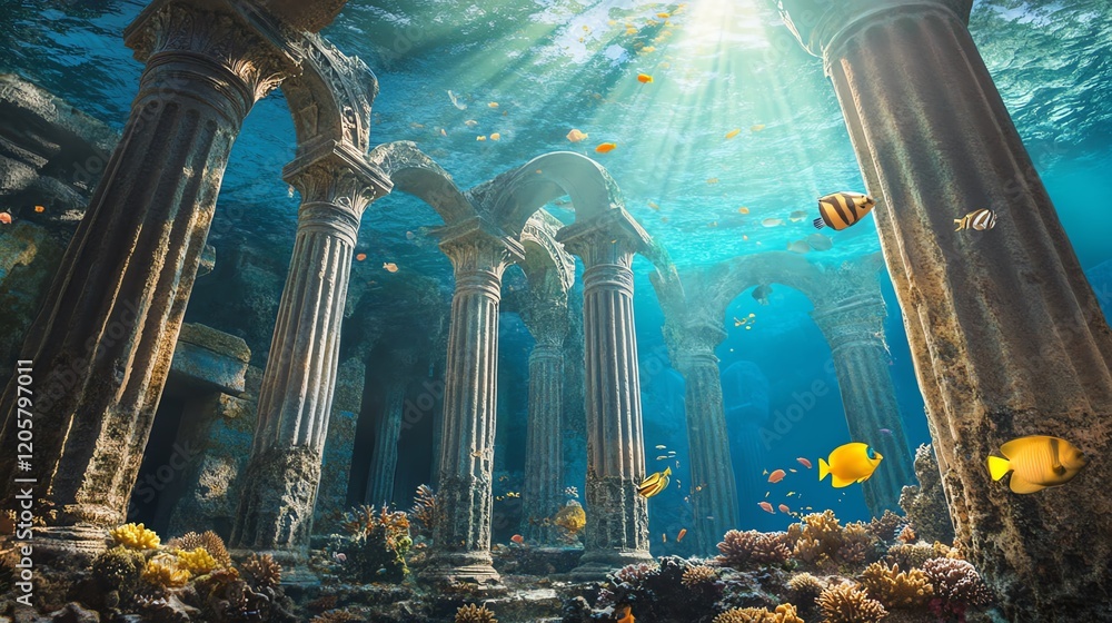 Obraz premium Sunbeams illuminate an ancient, submerged temple. Columns stand amidst vibrant coral and fish, creating a magical underwater scene.