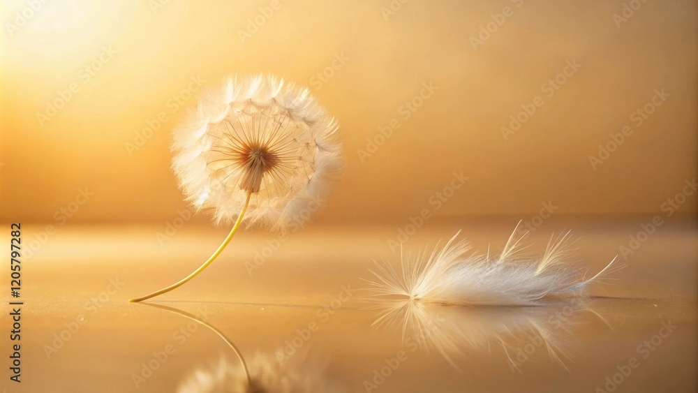 Fototapeta premium Golden Hour Dandelion and Detached Seed Head Reflecting on a Smooth Surface