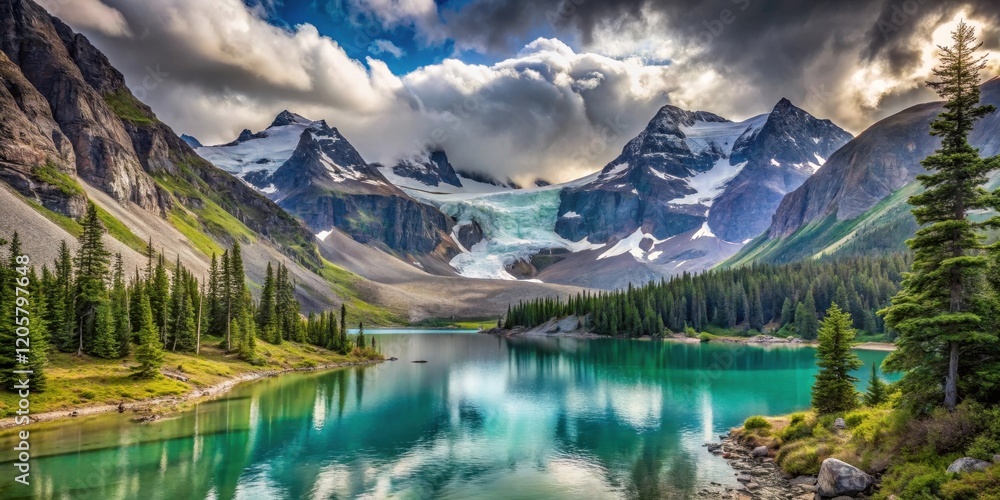 Naklejka premium Serene glacial lake nestled amidst towering snow-capped peaks and lush evergreen forests under a dramatic sky