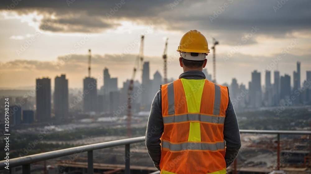 A construction worker from the back, wearing an orange safety vest and a yellow hard hat, standing on a high-rise building under construction. A construction worker from the back, wearing an orange safety vest and a yellow hard hat, standing on a high-rise building under construction.