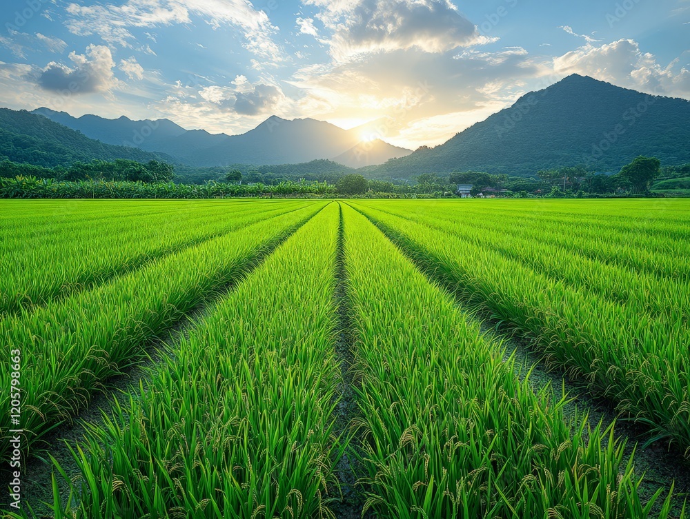 Lush green rice fields under a sunset with mountains in the background.