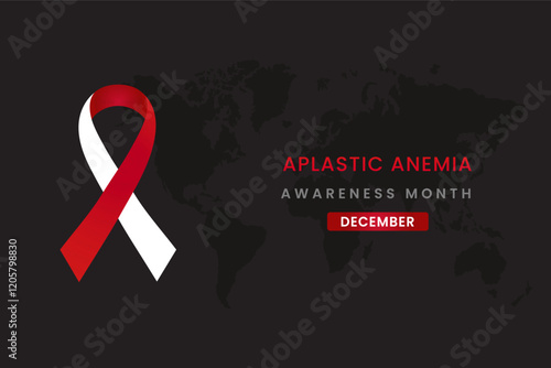 Aplastic Anemia awareness illustration on dark gray background with red and white color ribbon.