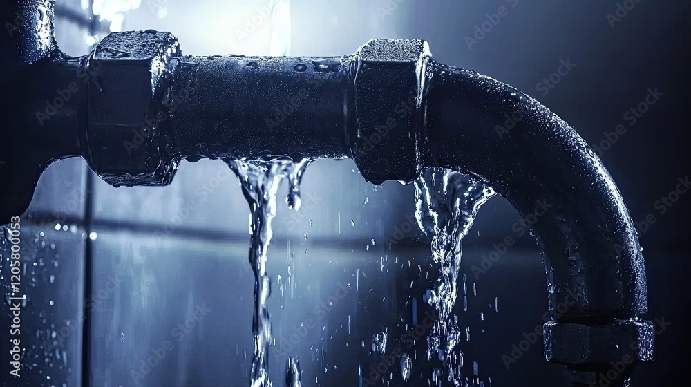 close up leaking pipe with water flowing symbolizes urgent plumbing repair needs. close up leaking pipe with water flowing symbolizes urgent plumbing repair needs.