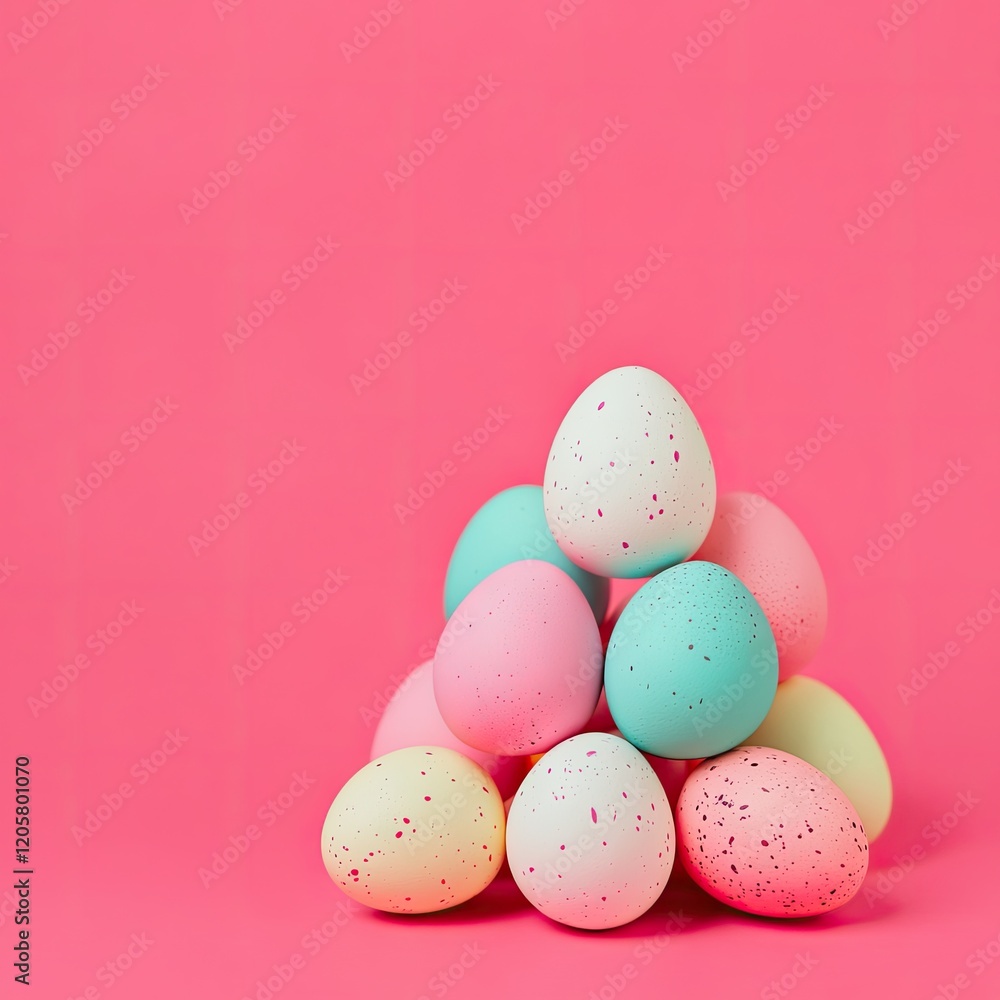 whimsical flat design of pastel eggs stacked in pyramid on bright pink gradient background whimsical flat design of pastel eggs stacked in pyramid on bright pink gradient background