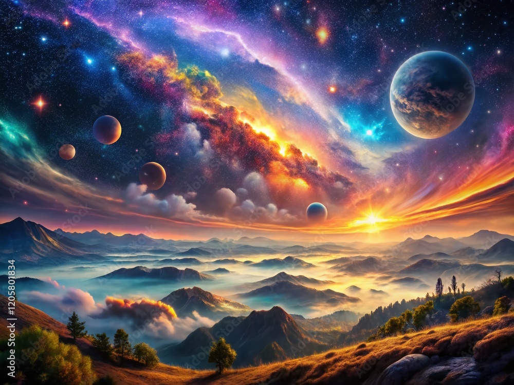 Cosmic Gradient: Aerial View of Nebula Landscape, Starry Night Sky, Galaxy Space Background Cosmic Gradient: Aerial View of Nebula Landscape, Starry Night Sky, Galaxy Space Background
