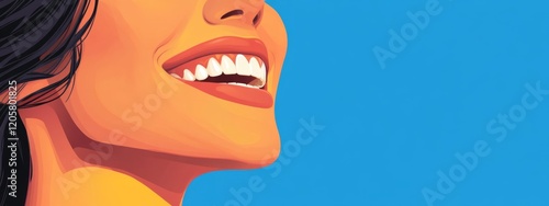 Joyful woman with radiant smile, blue backdrop, ideal for dental promotions, magazine features, or stock imagery, crafted in digital design.