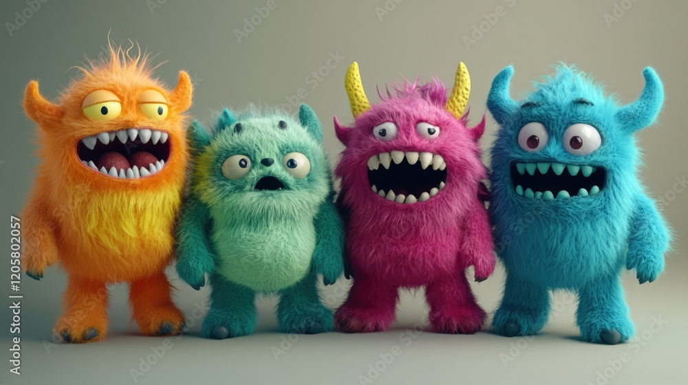 Three colorful, cartoonish monster characters are displayed against a black background. Three colorful, cartoonish monster characters are displayed against a black background.