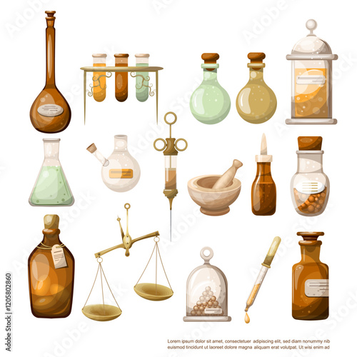 Sieves of vintage medical items, hand drawing