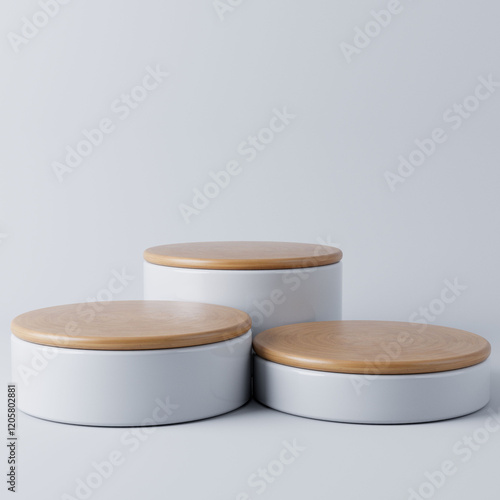 Modern Platform stand podium display on white room background. for empty product shelf or exhibition stage backdrop 3D rendering.	
