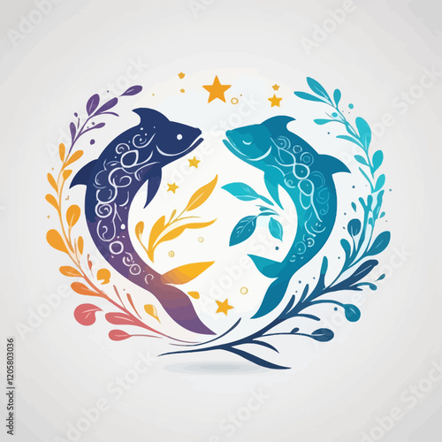 Pisces logo, Wheel of Twelve Symbols, Horoscope and Astrology, Fortune Telling, white Background.