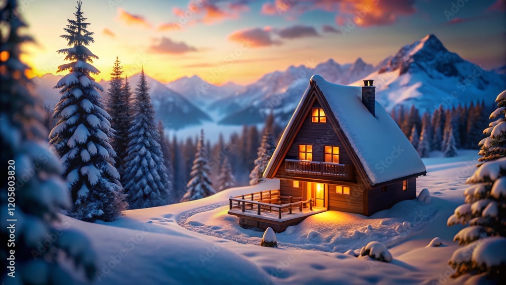 Fototapeta premium Cozy A-Frame Cabin in Snowy Mountain Valley at Dusk - 3D Render