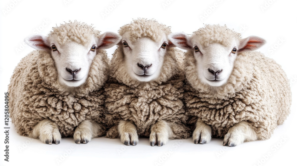 Obraz premium Happy sheep sitting together, showcasing their fluffy wool and friendly expressions. These adorable animals bring joy and warmth to any setting