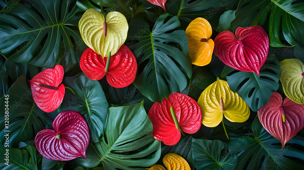 custom made wallpaper toronto digitalA colorful arrangement of anthuriums and palm leaves, background with flowers
