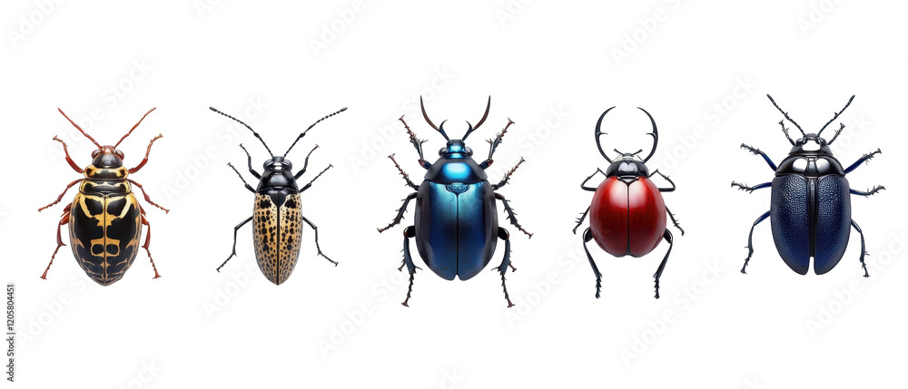 A detailed illustration of five distinct beetles showcasing vibrant colors and patterns. transparent background A detailed illustration of five distinct beetles showcasing vibrant colors and patterns. transparent background
