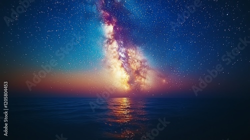 Nebula-lit Nocturne: The Milky Way's Vibrancy Over Ocean and Sand, A Dreamscape of Cosmic Beauty, 星雲が照らす夜の調べ:天の川の活気が広がる海と砂、宇宙の美を夢見る光景.Generative AI
