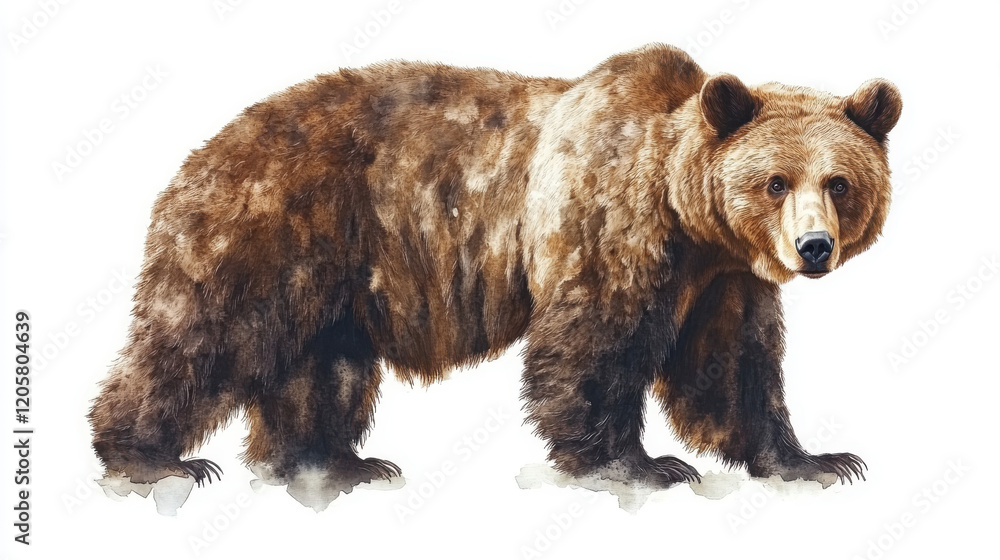 Fototapeta premium detailed watercolor illustration of brown bear standing on white background, showcasing its fur texture and natural features. artwork captures bear majestic presence and strength