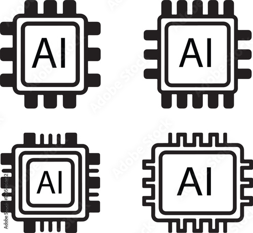 AI microchip technology icon. Simple, black and white line art icons of AI chips.