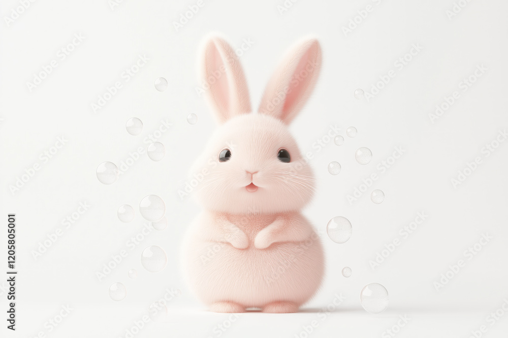 Fototapeta premium light pink furry easter bunny with bubbles in the background