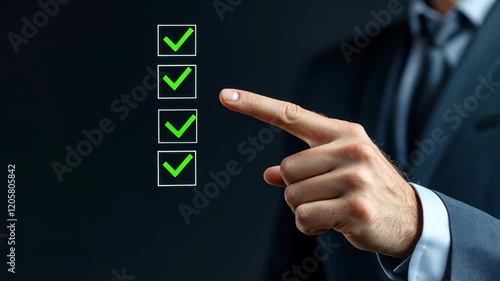 Businessman checking off tasks with green checkmarks on a dark background.