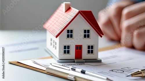 Model house on paperwork with a pen, symbolizing real estate transactions and agreements.