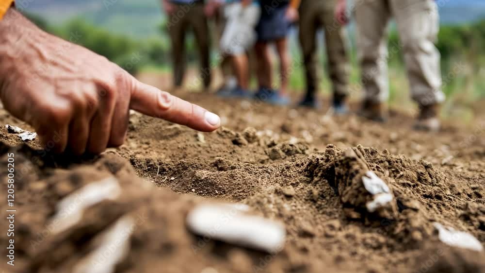 A person gestures towards the ground while others observe in an outdoor setting. A person gestures towards the ground while others observe in an outdoor setting.