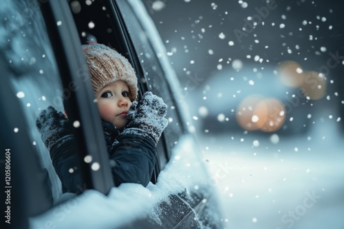 Happy Boy tasting snow through car window during snowfall. Child on a road trip. Little toddler is looking out from auto, opened his mouth, pulled out his tongue, catches snowflakes. Winter fun games photo